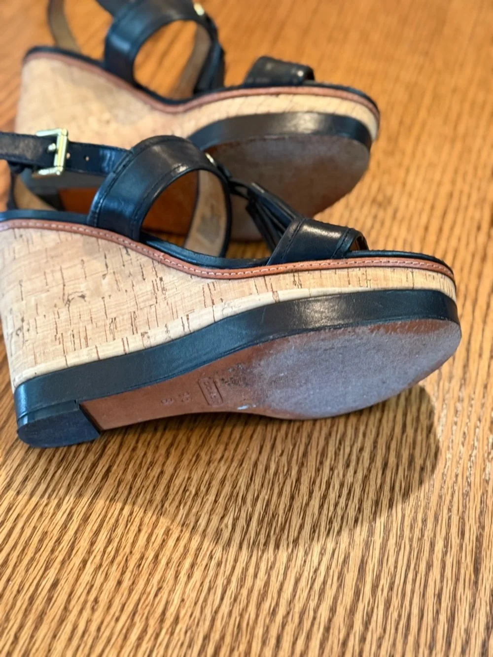 Coach Black Leather Tassel Ankle-Strap Wedges - Picture 6 of 6